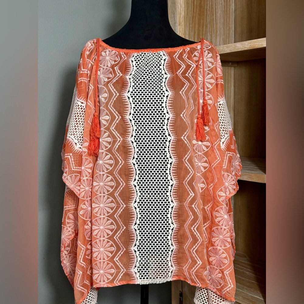 Chico’s, Boho Embroidered Coral & Cream Top Lace Tassels L/XL